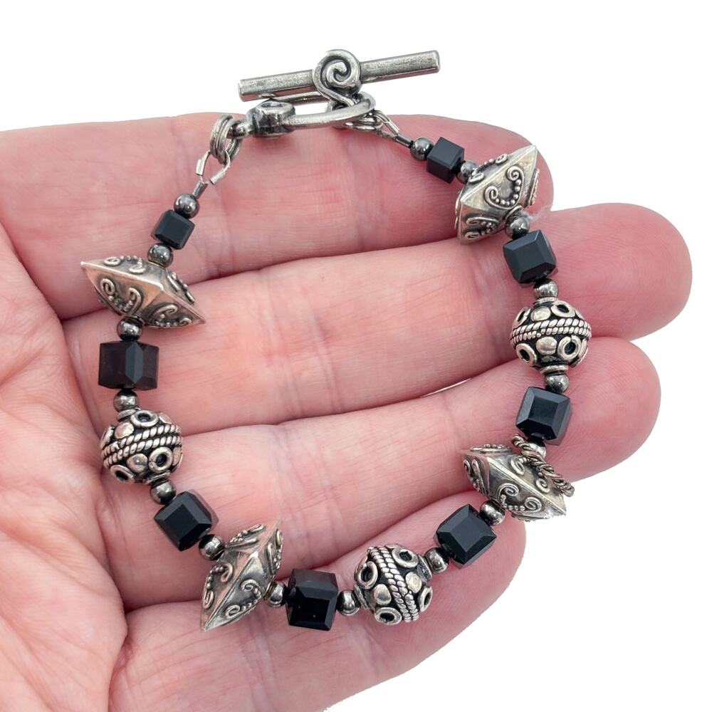 Vintage Sterling Silver 925 Black Bead Bracelet 7"